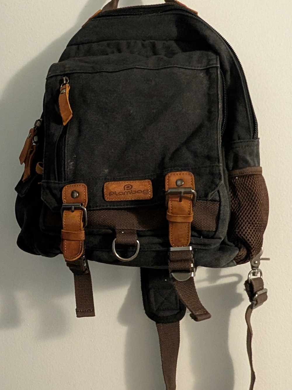 Black Canvas Backpack with Brown Trim